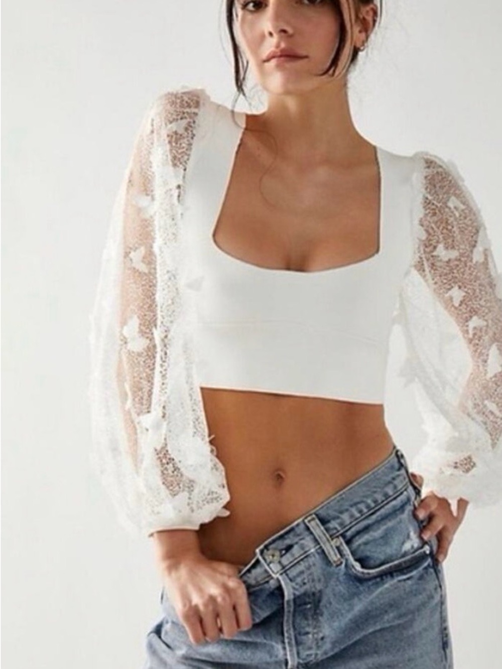 Free People White Lace Puff-Sleeve Crop Top